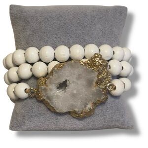 Boho Stretch Bracelet Set Wood Beads Sliced Semi Precious Stone White New
